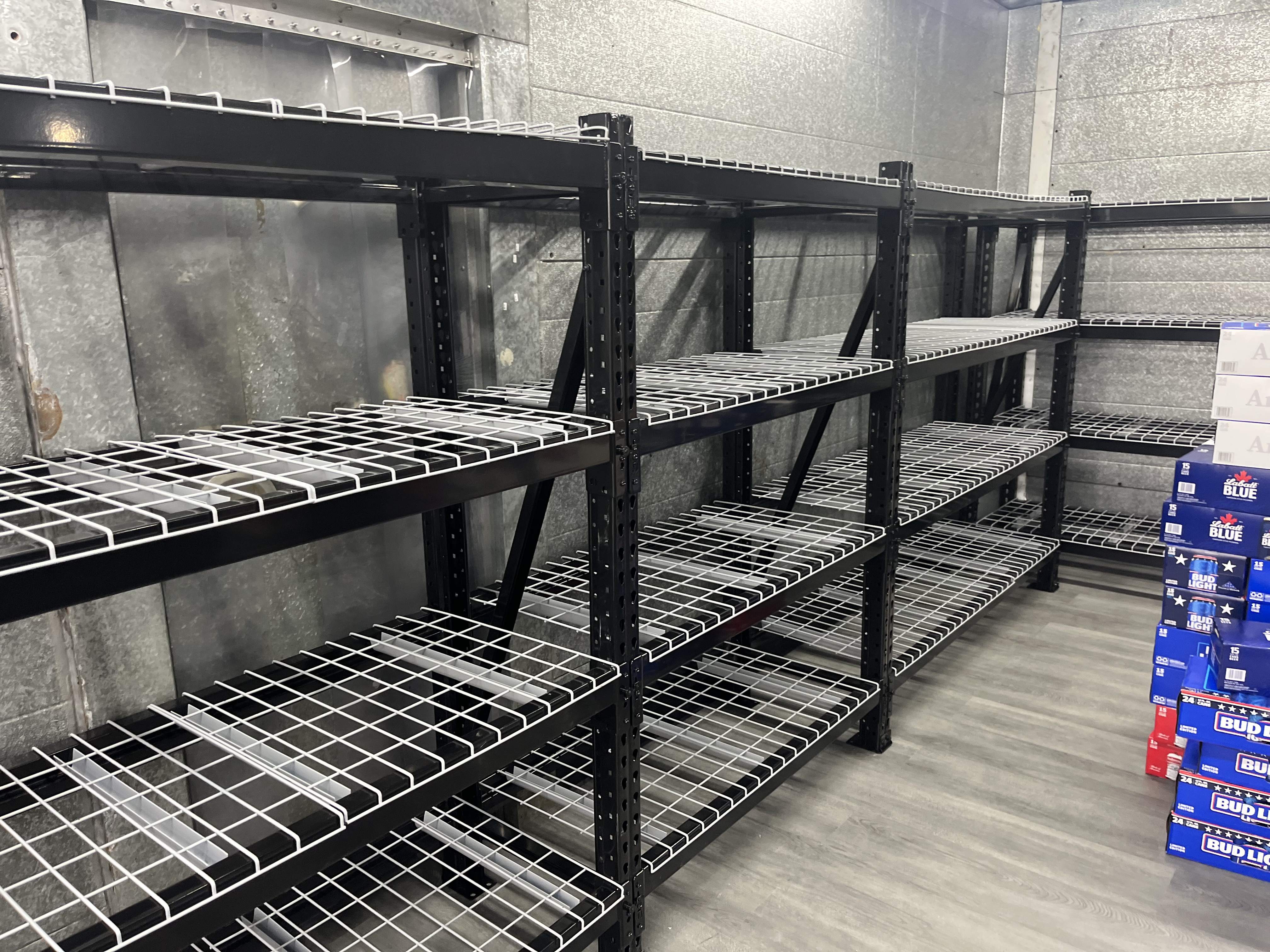 Beer cave shelving and walk-in cooler racking